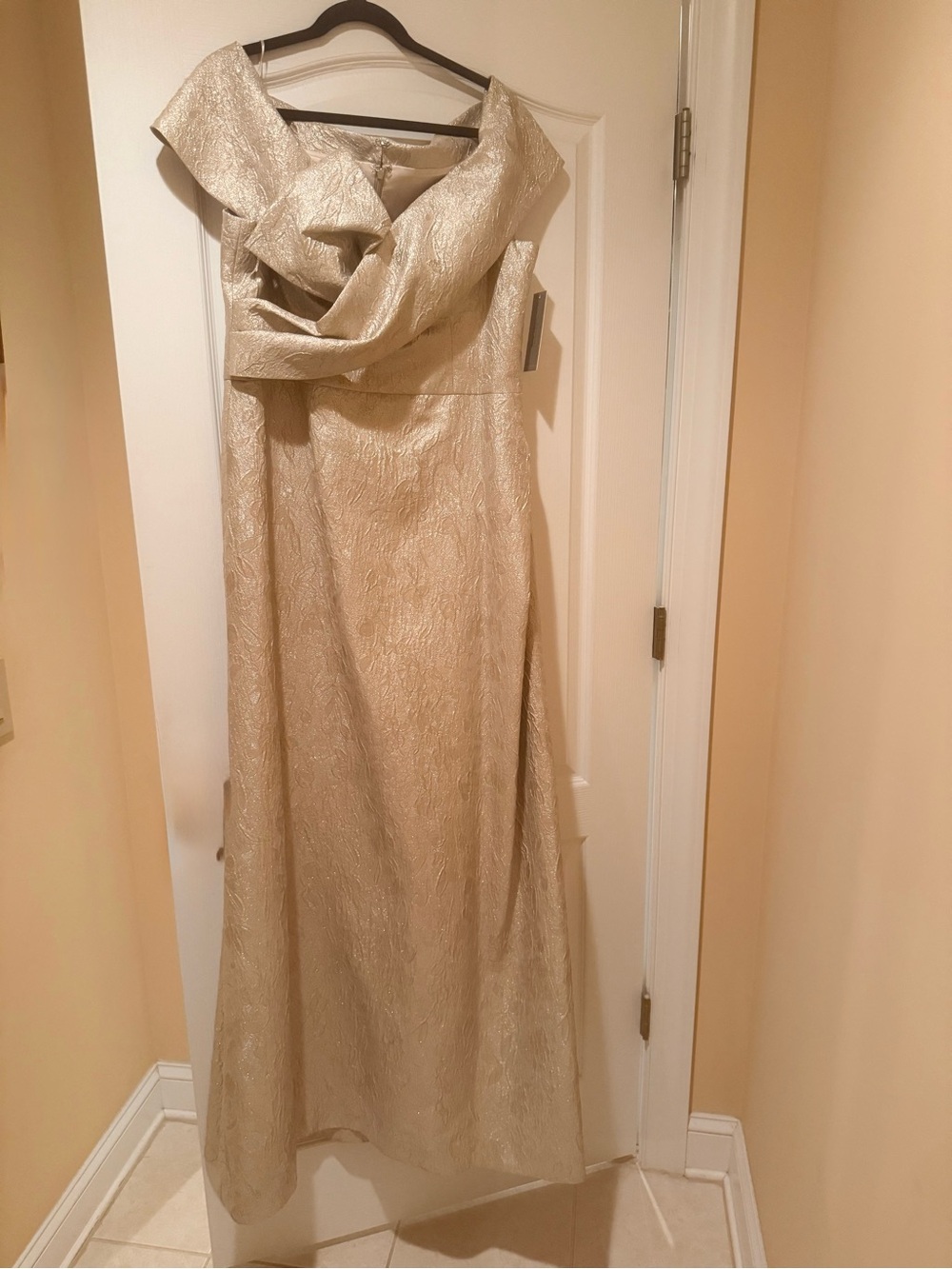 Champagne formal Metallic Maxi Dress with Draped Neckline